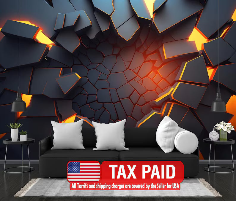 3D Abstract Broken Wall Mural, Black Geometric
