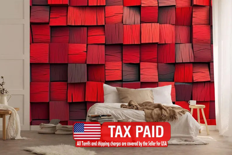 Red 3D Blocks Wallpaper Mural, Abstract Geometric Wall