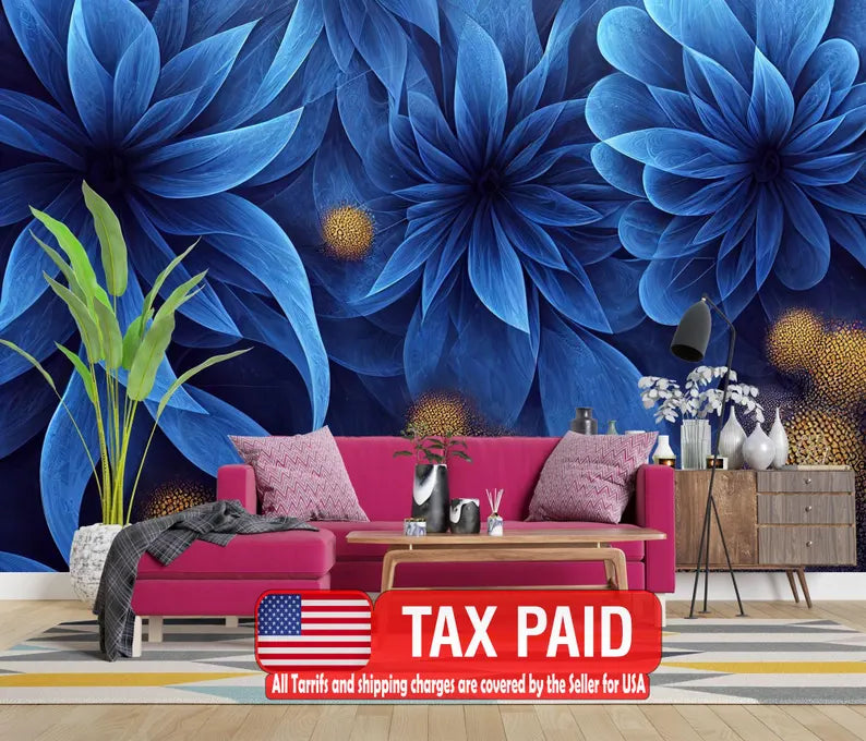 Prussian blue floral fractal wall mural with intricate botanical pattern on white wall

