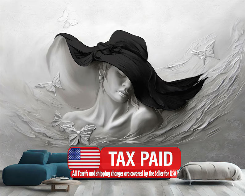 3D Woman Face Sculpture Wallpaper Mural