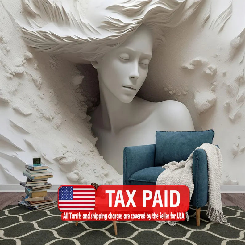 3D Illusion Woman Face Mural, Realistic Art Wallpaper