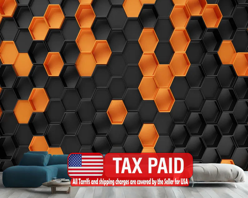 Orange Black Hexagon Wallpaper Mural, 3D Honeycomb Pattern