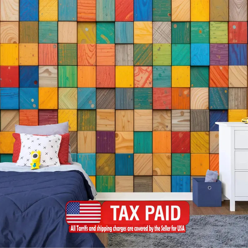 3D Wooden Blocks Wallpaper Mural, Colorful Abstract Wall Decal