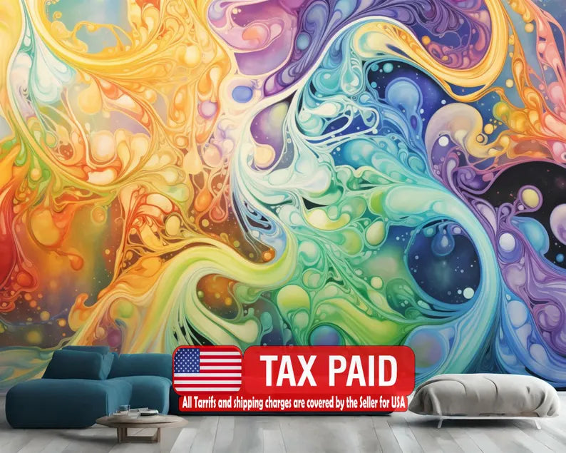 Abstract Watercolor Swirls Mural, Easy-Install