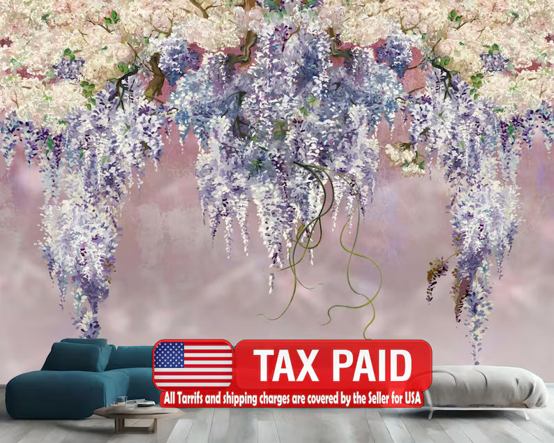 Lilac Floral Wallpaper Mural, Purple Flowers Art Print