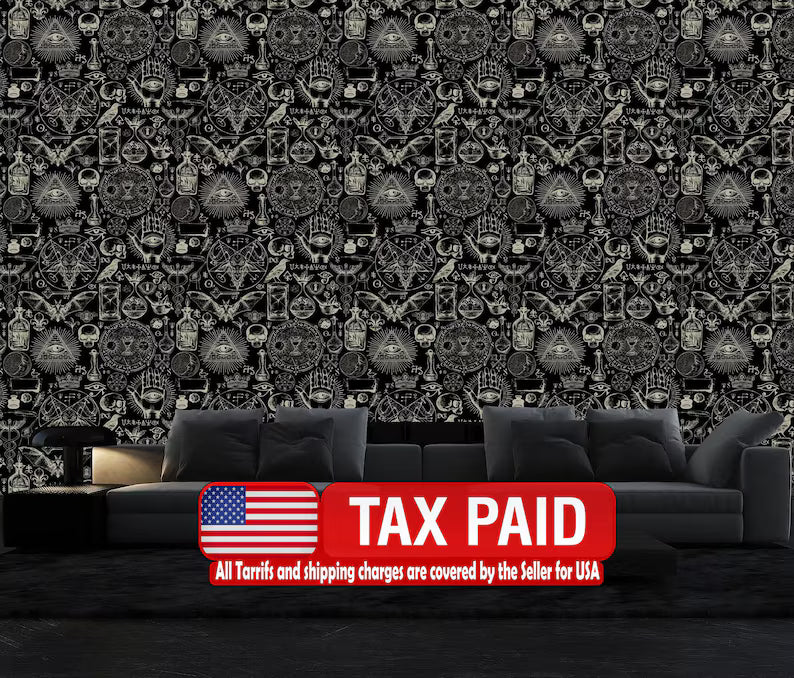 Alchemy Gothic Wallpaper Mural: Skulls, Bats, Moons