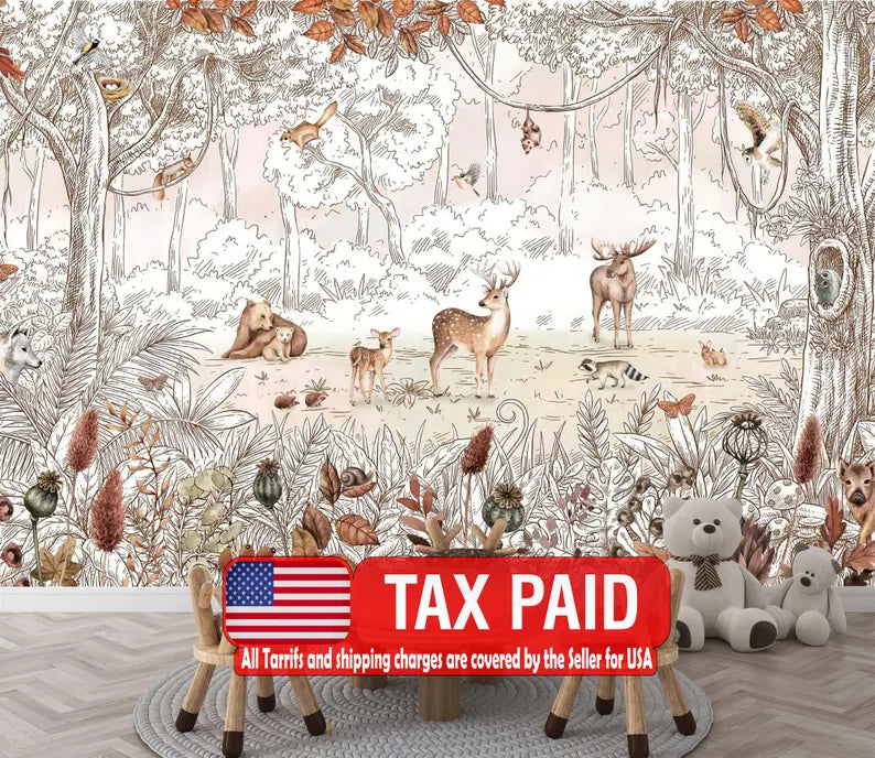 Autumn Forest Animals Nursery Wallpaper Mural