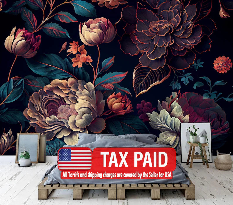 Baroque peony wall mural featuring rich deep burgundy and pink flowers with dark moody background