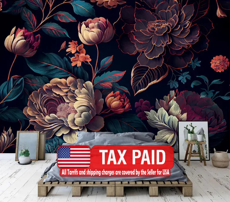 Baroque Peony Wall Mural, Rich Deep Colors