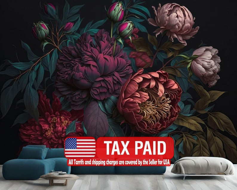 Baroque Peony Wall Mural, Rich Deep Colors