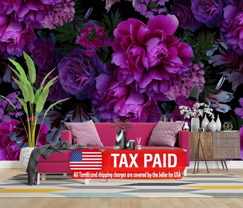 Baroque Peony Flower Wallpaper Mural, Rich Deep Colors, Art Print