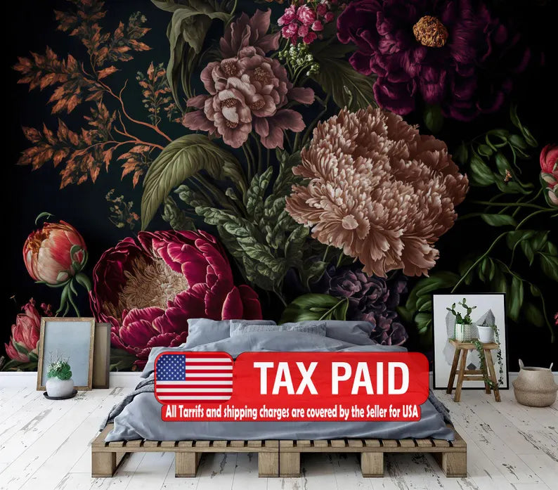 Baroque Peony Wallpaper Mural, Rich Deep Colors wallpaper mural showing the full design clearly for modern interior wall dec