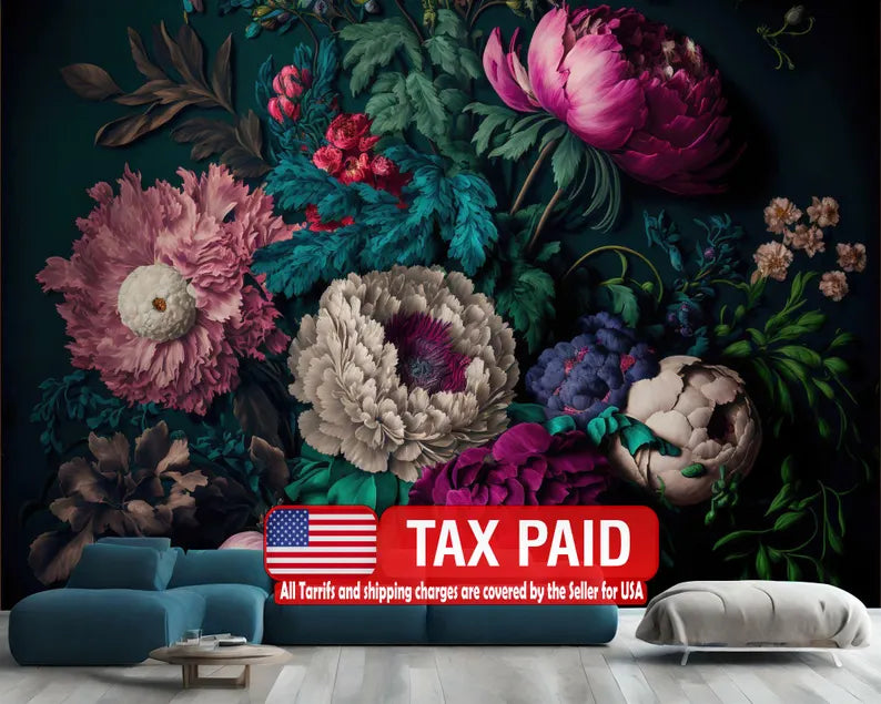 Baroque Peonies Wallpaper Mural, Rich Deep Colors wallpaper mural showing the full design clearly for modern interior wall d
