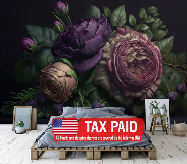 Baroque Peony Wallpaper Mural, Rich Deep Colors