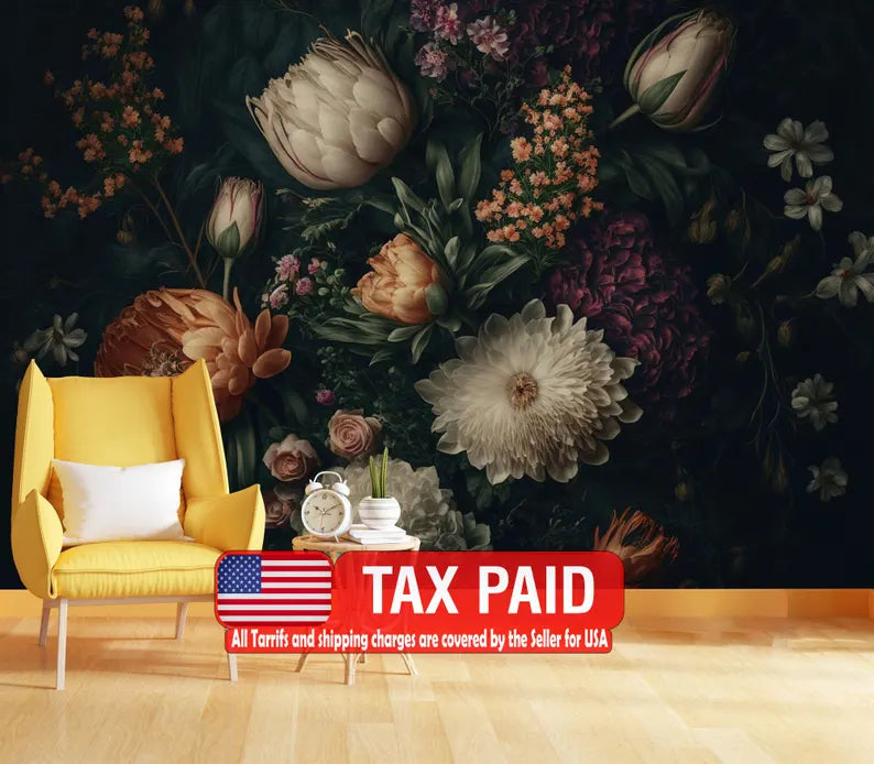 Baroque Peony Flower Wallpaper Mural, Rich Deep Colors wallpaper mural showing the full design clearly for modern interior w