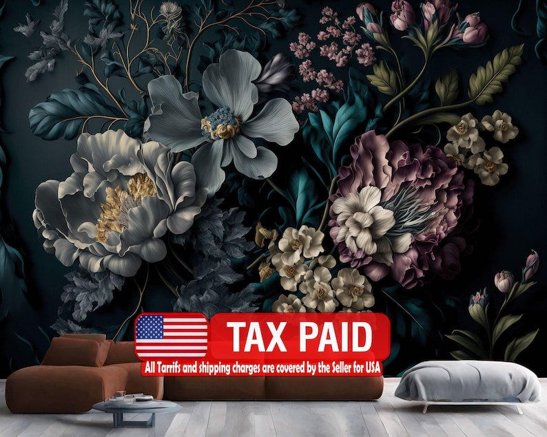 Baroque Peonies Wallpaper Mural, Rich Deep Colors, Gift