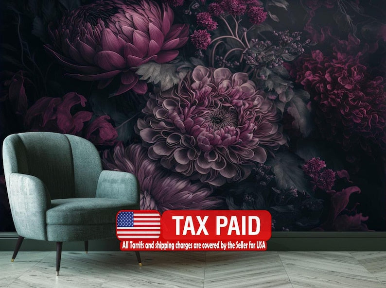 Baroque peonies floral wallpaper mural in rich deep colors with ornate vintage design