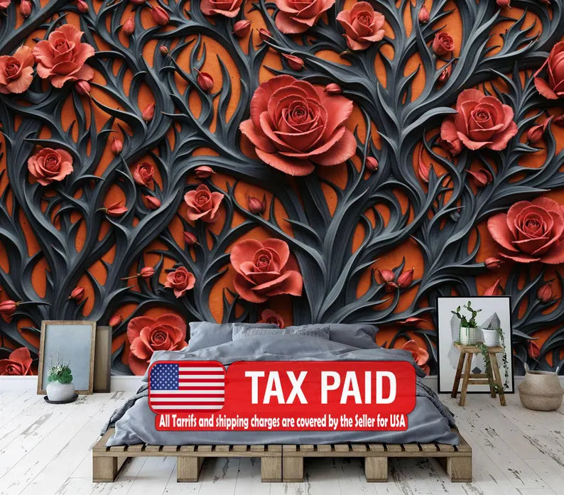 Red Peonies Baroque Floral Wallpaper Mural Gift