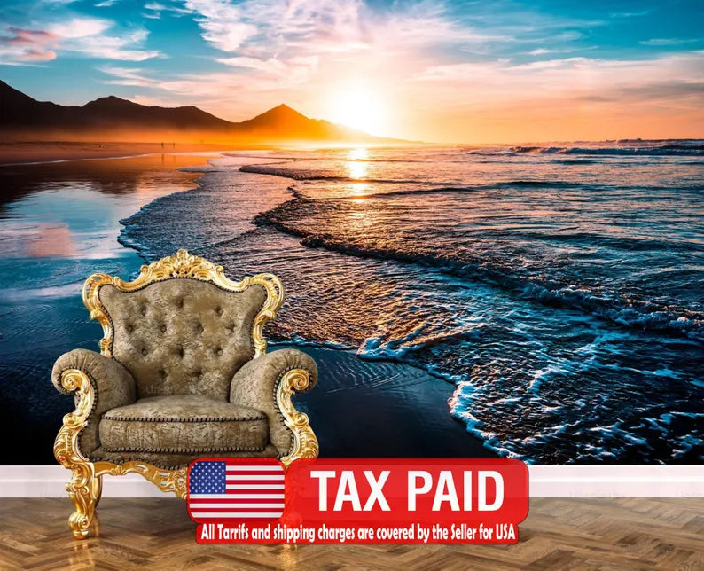 Beach sunset wall mural with vibrant orange and pink sky over calm ocean waters
