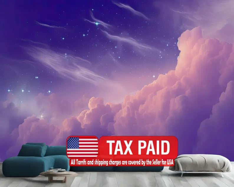 Night Sky Stars Wallpaper Mural, Clouds Modern Art wallpaper mural showing the full design clearly for modern interior wall 