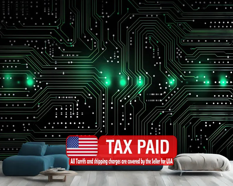 Green Circuit Board Wallpaper Mural, Generative AI Art Print