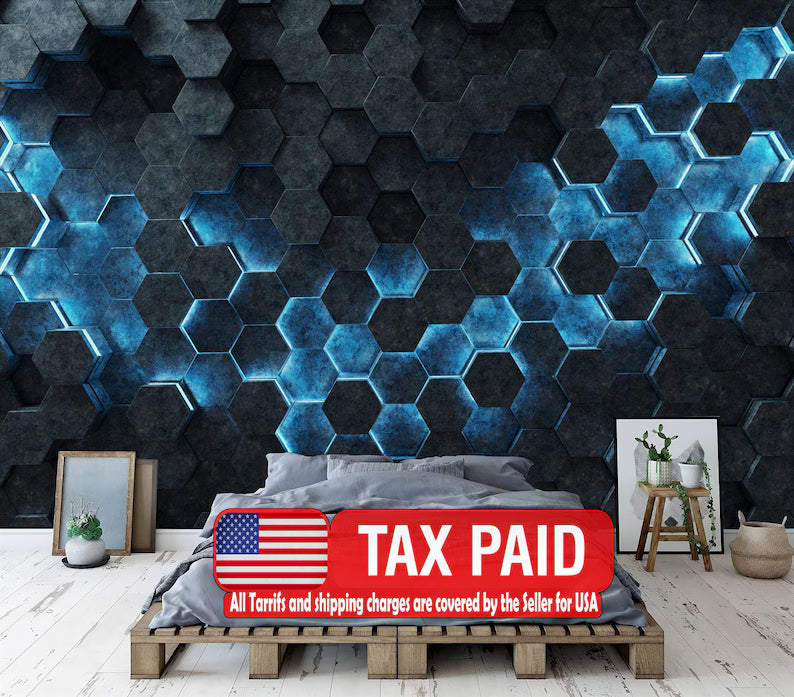 Wallpaper, Black Blue Hexagon 3D Wall Mural