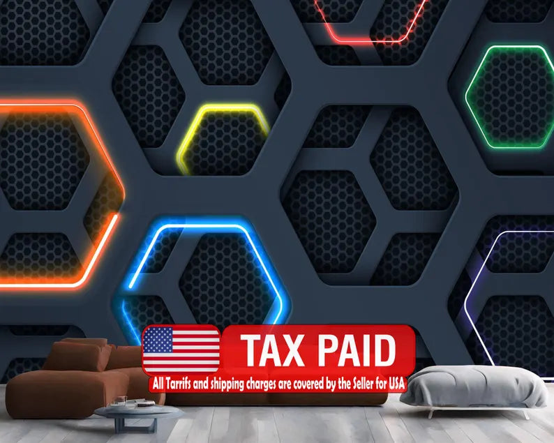 Neon Hexagon Gaming Room Wallpaper Mural
