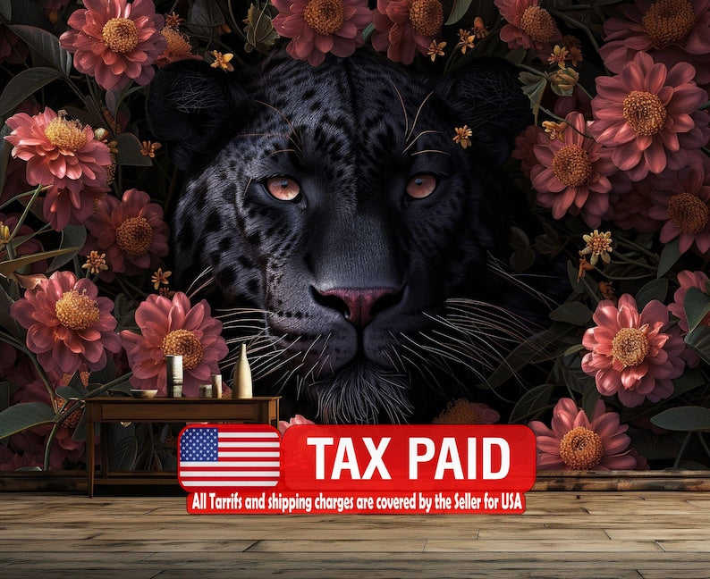Black Leopard Floral Wall Mural, Pink & Yellow Flowers