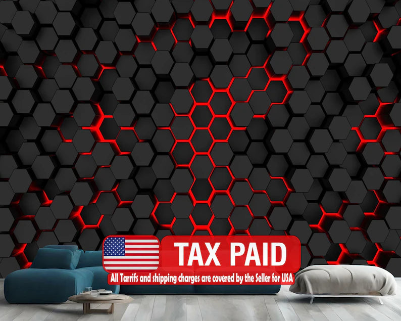 Black and Red Hexagon Geometric Wallpaper Mural