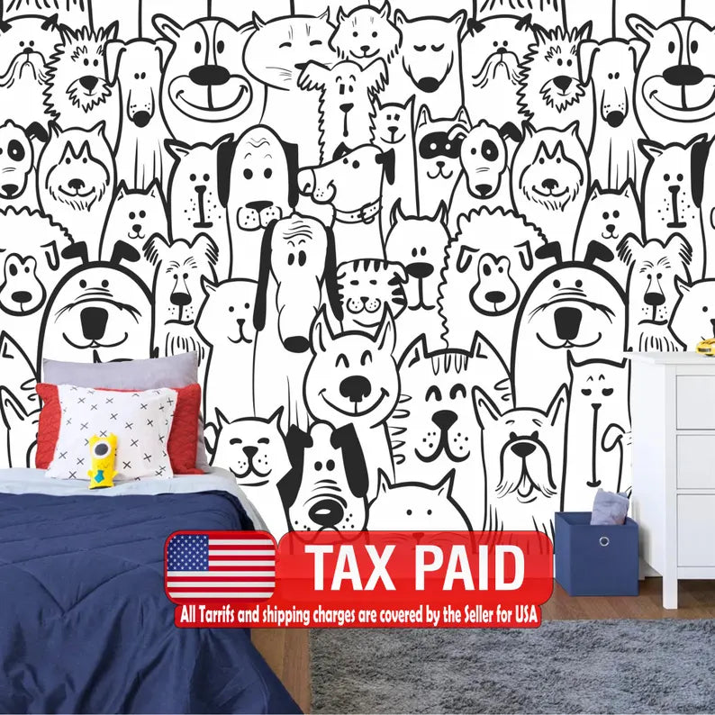 Black and White Doodle Dogs Wallpaper Mural