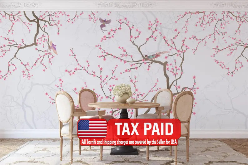Cherry blossom branch wall mural with pink flowers and birds on white background