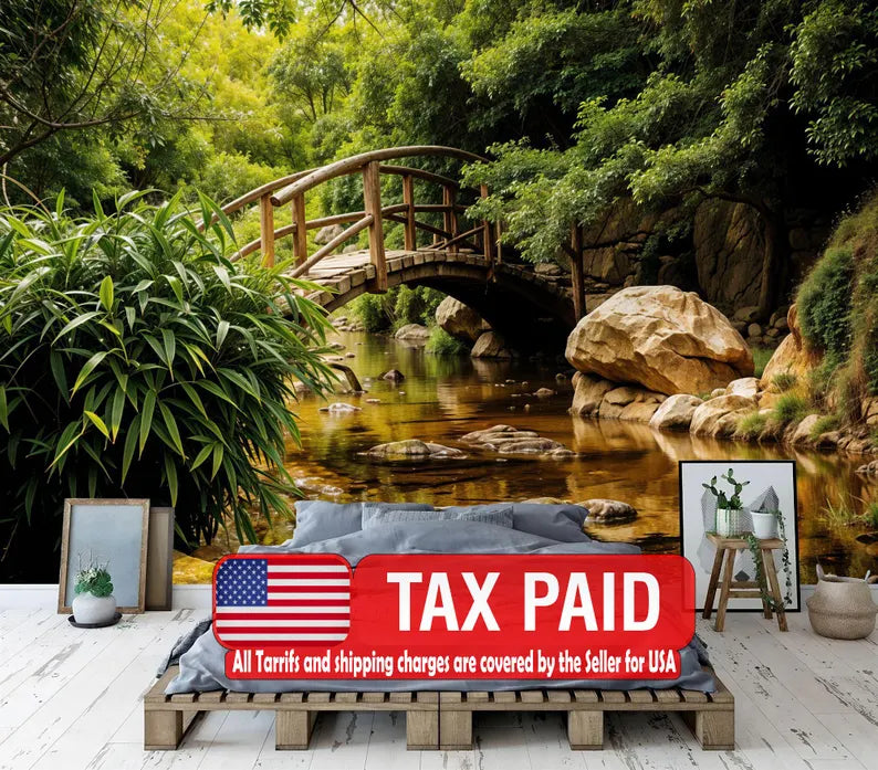 Japanese Garden Bridge Mural, Texas River Scene Wallpaper