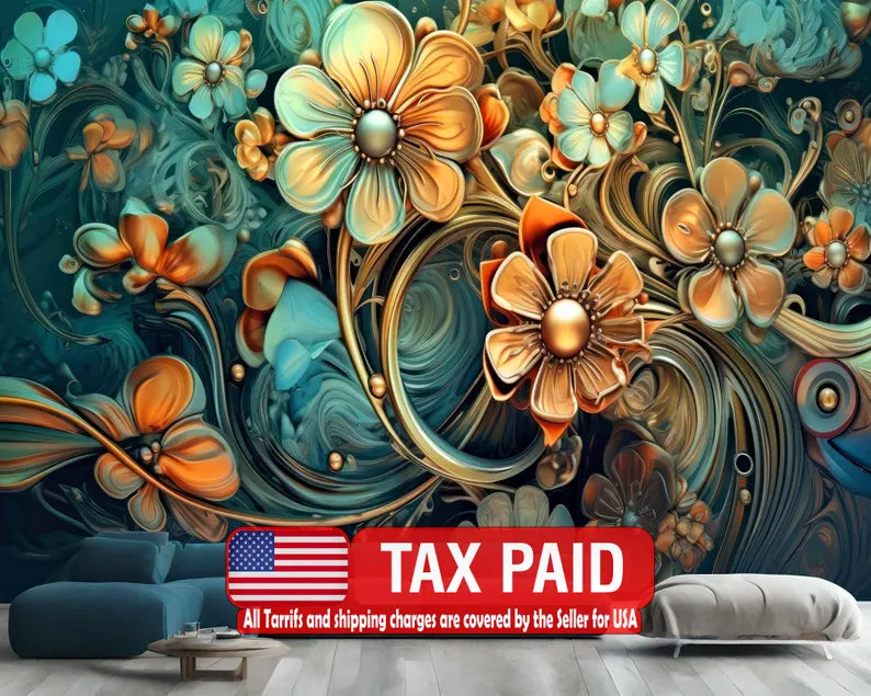 Golden Floral Wall Mural, 3D Metallic Flower Wallpaper