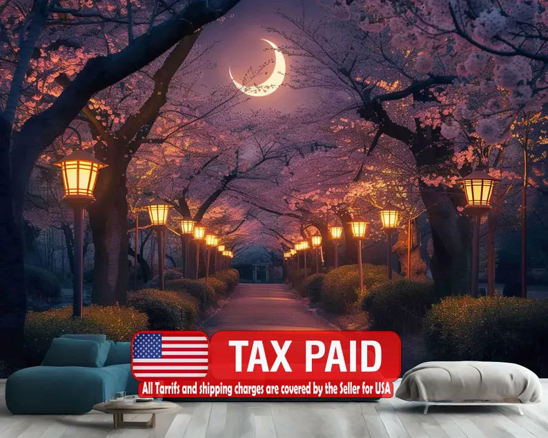 Wallpaper, Cherry Blossom Tree Mural: Moonlit Night Pathway