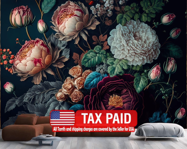 Baroque Floral Wallpaper Mural, Rich Peony Art
