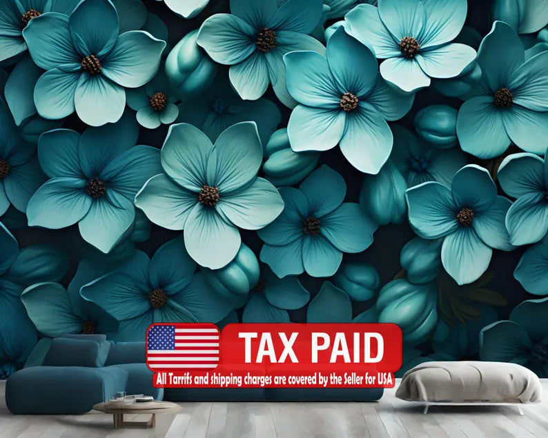 Teal Floral Wallpaper Mural | Blooming Flower Wall Decal
