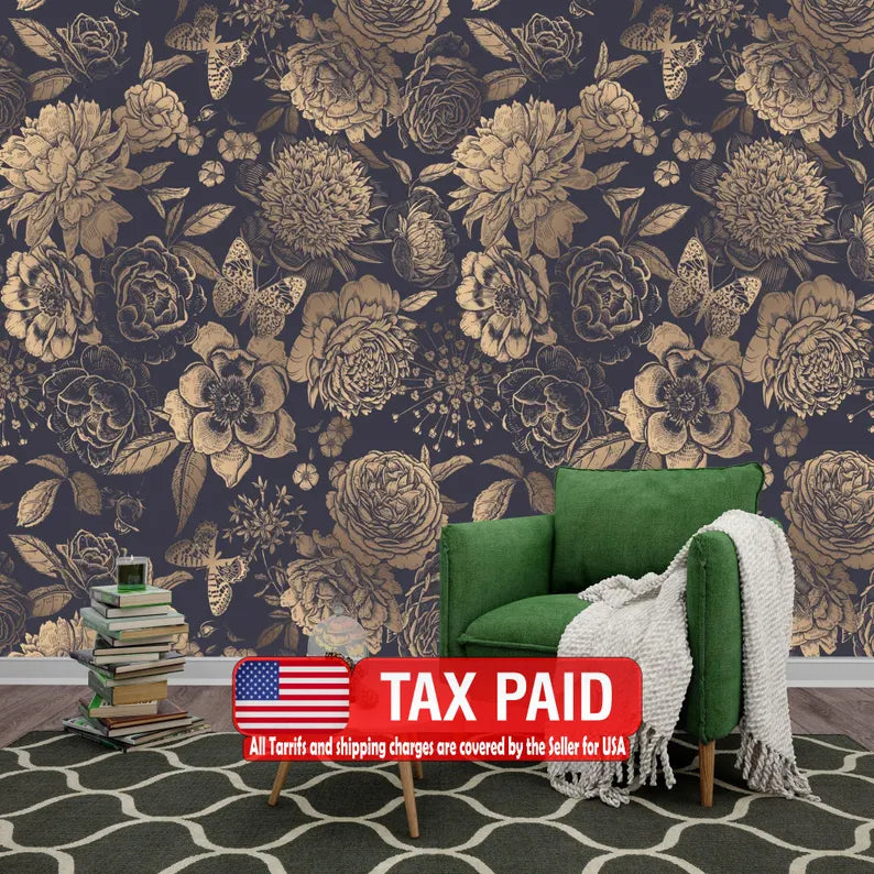 Black and Gold Peony Wallpaper Mural, Vintage Floral