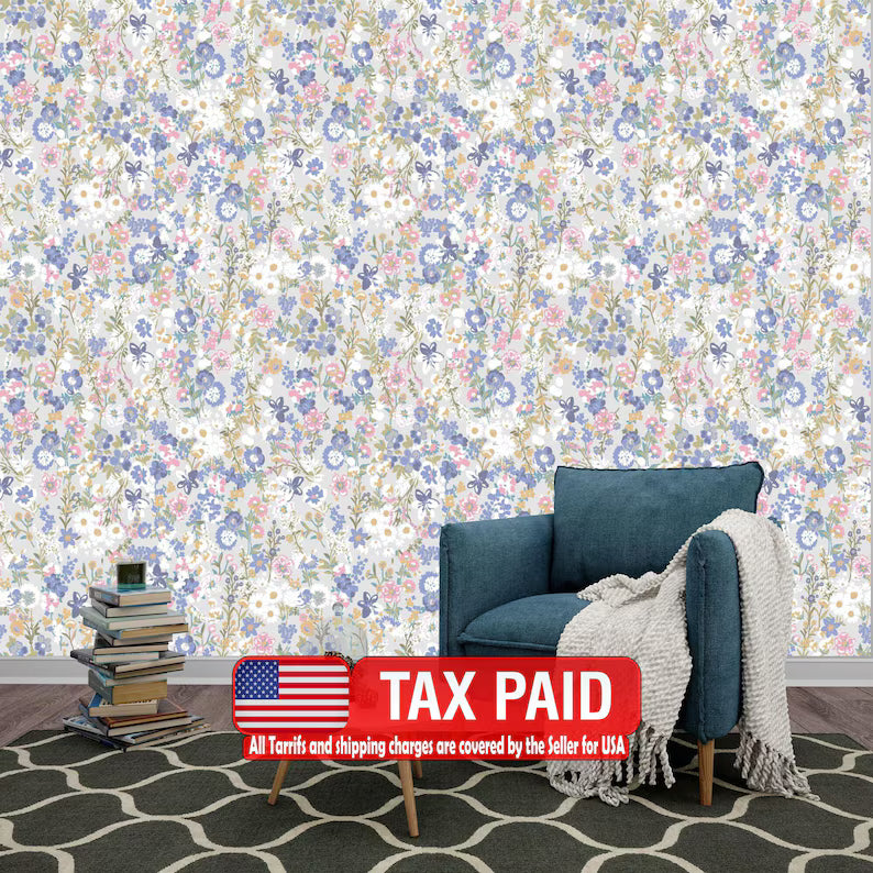 Wildflower Botanical Mural, Boho Floral Wallpaper Gift