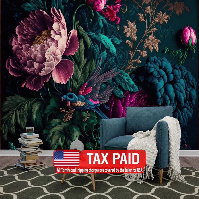 Baroque Peonies Wall Mural, Rich Floral Wallpaper