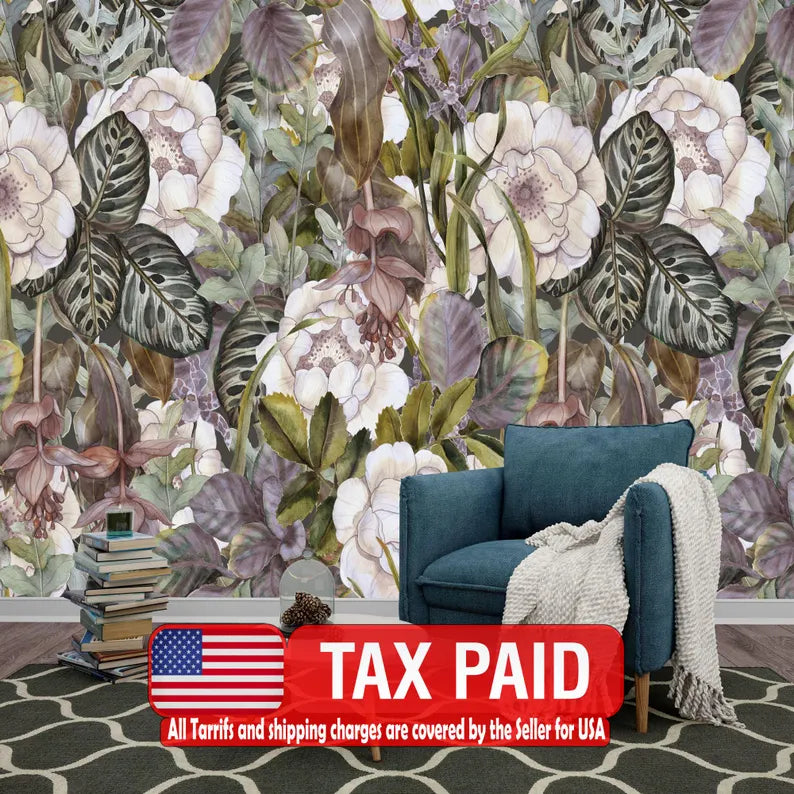 Tropical Flowers Wallpaper Mural, Watercolor Floral Decor