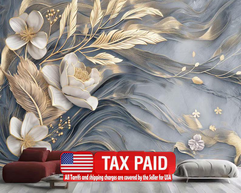 Floral Wallpaper Mural, Marble and Feathers Design