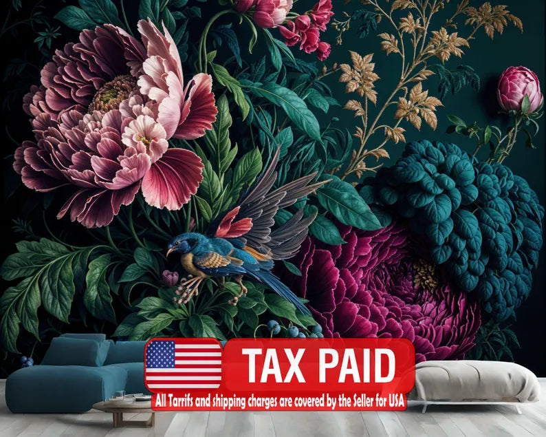 Baroque Peony Wallpaper Mural, Rich Deep Colors