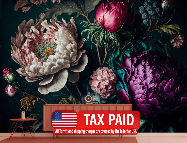 Baroque Peony Wall Mural, Rich Deep Colors