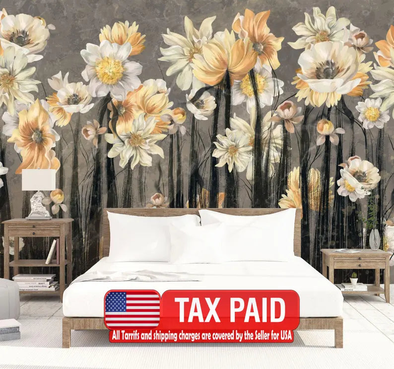 Dark gray floral wallpaper mural with vintage botanical pattern on stained background