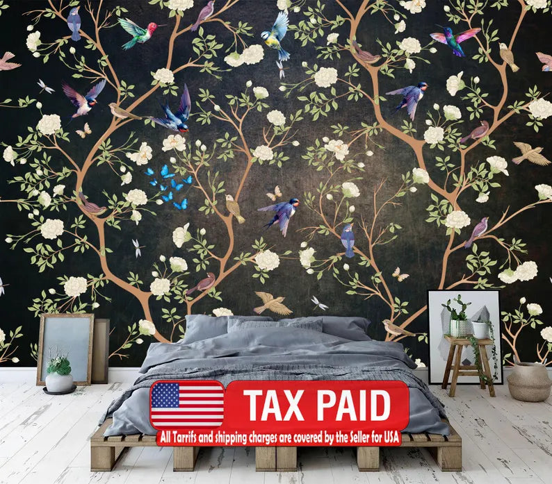 Chinoiserie Floral Bird Wallpaper Mural, Vintage Art Print