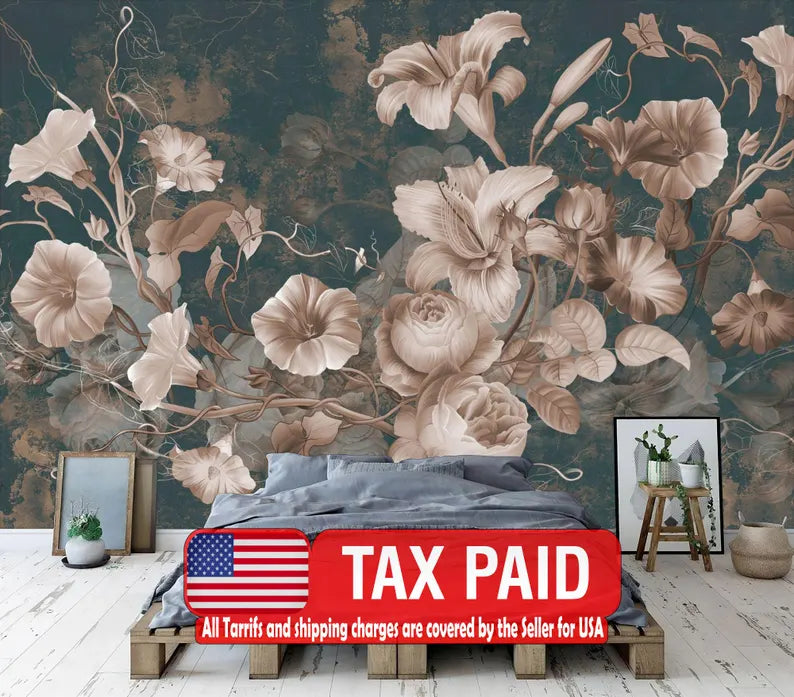 Baroque Floral Wallpaper Mural, Aged Concrete Grunge Art