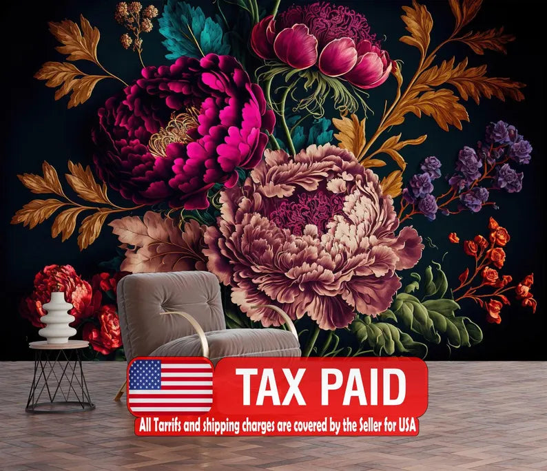 Baroque Flowers Peony Wallpaper Mural, Rich Colors