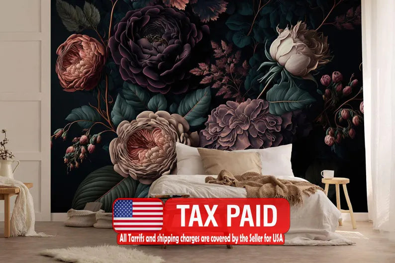 Baroque Peonies Wallpaper Mural, Rich Deep Colors