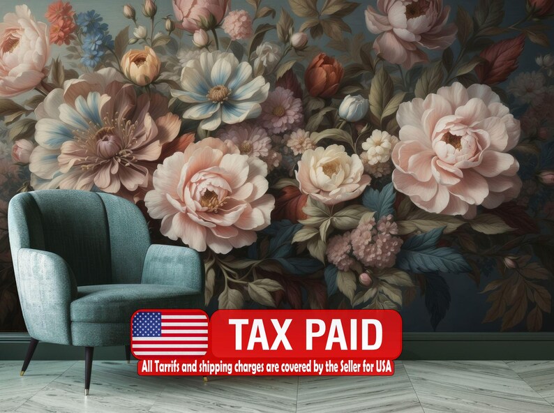 Baroque Peonies Wallpaper Mural, Rich Colors