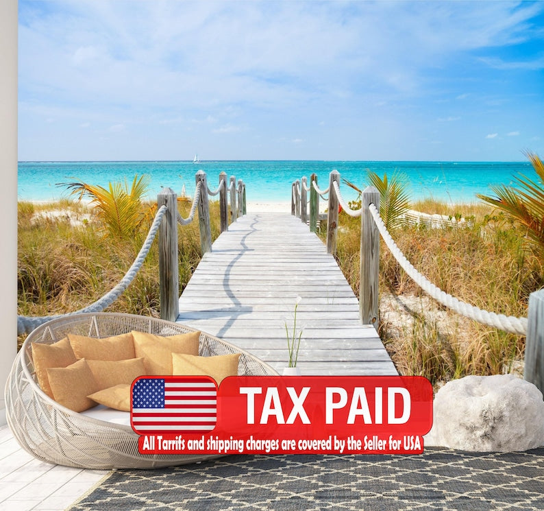 Caribbean Beach Wooden Path Wallpaper Mural